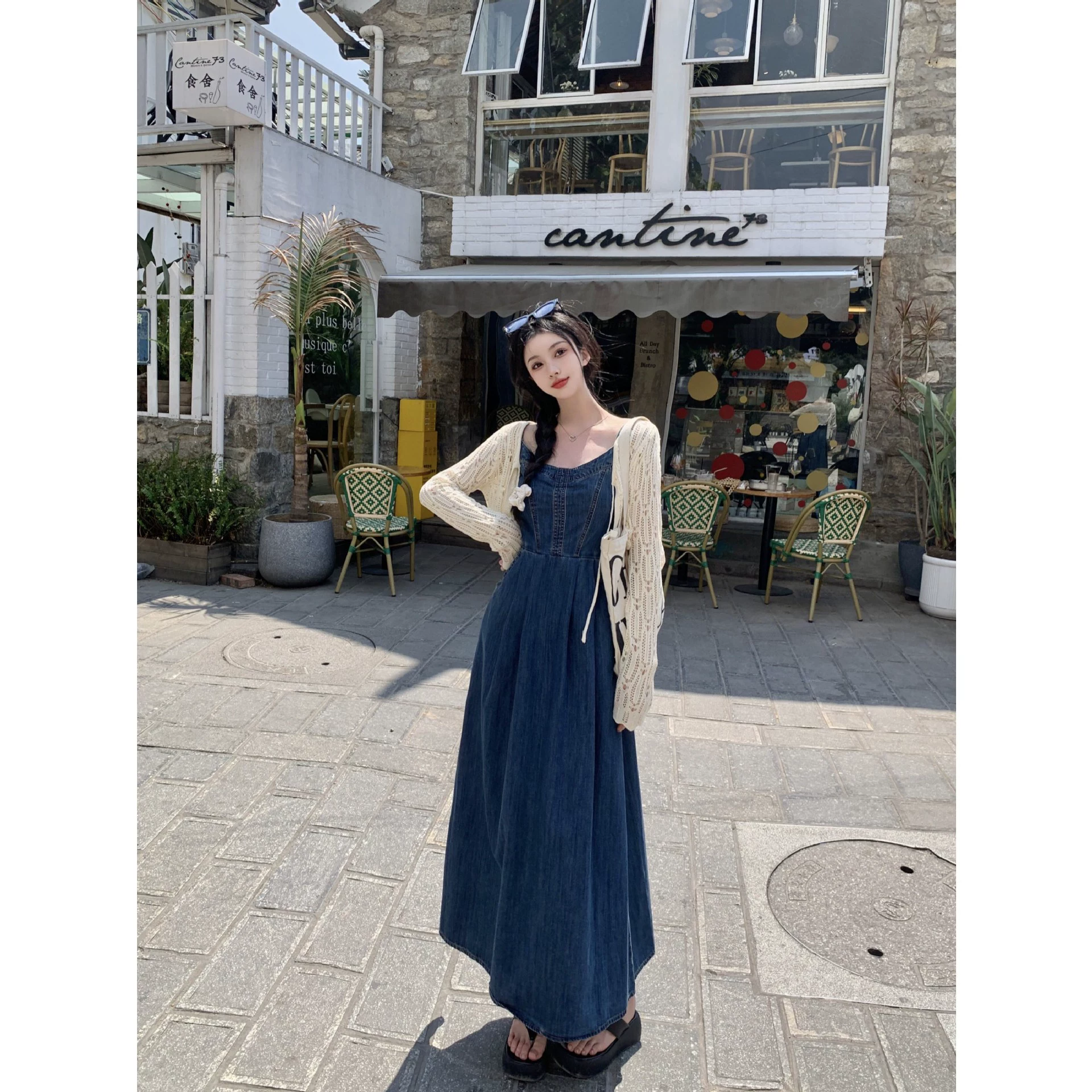 Плюс размер, жирный мм, нежное ретро-джинсовое платье в гонконгском стиле, длинная юбка на подтяжках, солнцезащитный кардиган, комплект из двух предметов для женщин