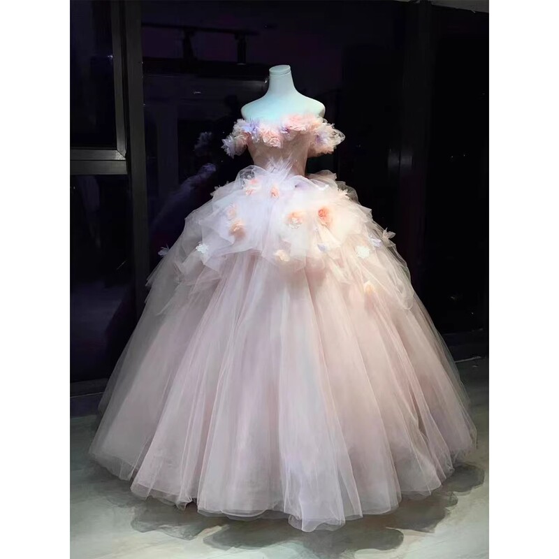 Pink Wedding Dress Evening Gown with Off-The-Shoulder Design, Super Fairy-Like Floral Flared Skirt, Dreamy Runaway Princess Style, Adult Ceremony Long Dress