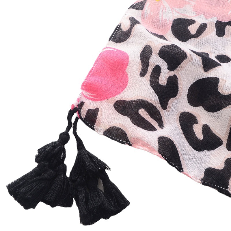 Venta caliente transfronteriza estilo europeo y americano primavera y verano bufanda de seda chal fino estampado de leopardo rosa claro flor grande algodón y lino sensación bufanda