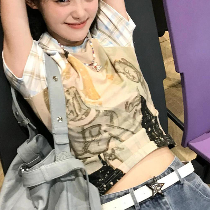 Retro Dunhuang Mural Print Splicing Plaid Raglan Short-Sleeved T-Shirt Women's Summer Half Turtleneck Pullover Slim Top