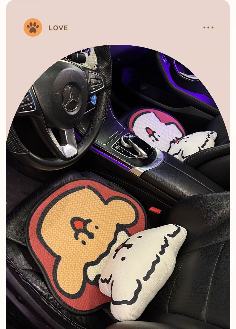 Car Seat Cushion for All Seasons, Cartoon Cute Half-Pack Black and White Line Puppy, Ice Silk Car Cushion for All Seasons