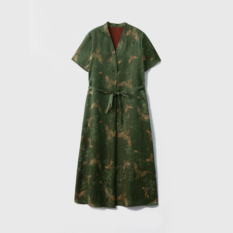 Silk Fragrant Cloud Yarn Flower Dill Short-Sleeved Dress for Women 100 Mulberry Silk Waist V Neck Long Skirt Summer Skirt