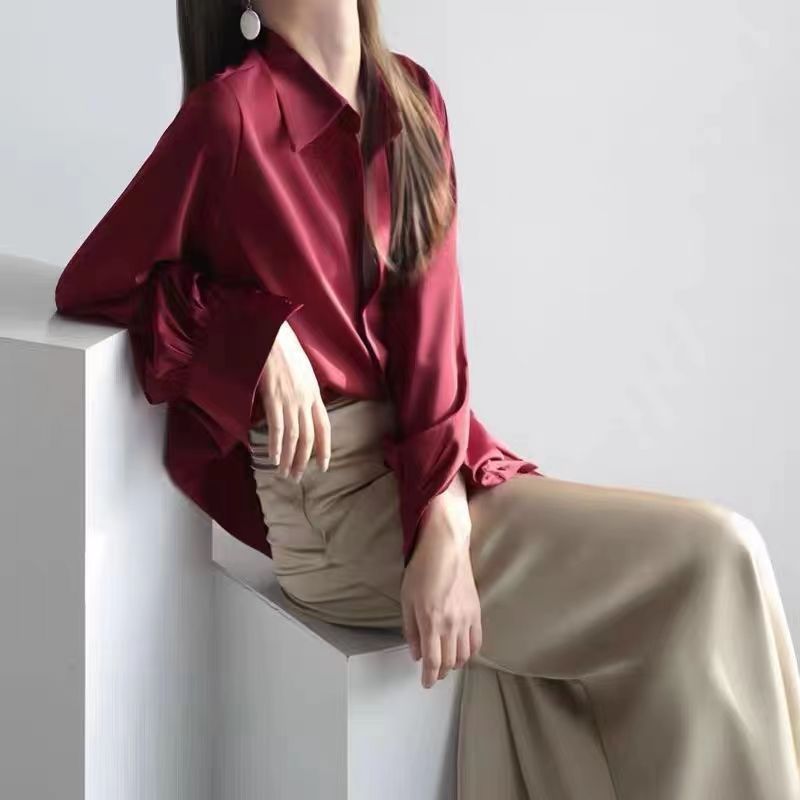 长袖缎面衬衫女设计感小众春秋新款百搭垂感复古港味衬衣上衣|undefined