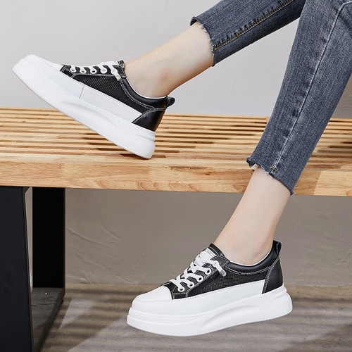 Women's single shoes, thick-soled sneakers, flat-soled shoes, women's casual lightweight height-increasing women's shoes, trendy new leather white shoes