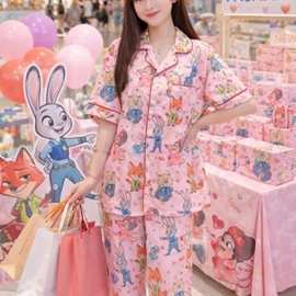 跨境外贸批发开衫睡衣女夏季短袖长裤卡通家居服套装女
