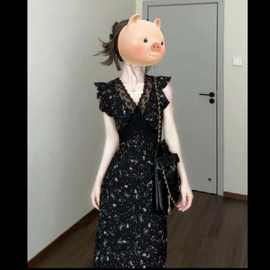 法式气质黑色蕾丝碎花连衣裙子女装夏季2025新款绝美漂亮掐腰长裙