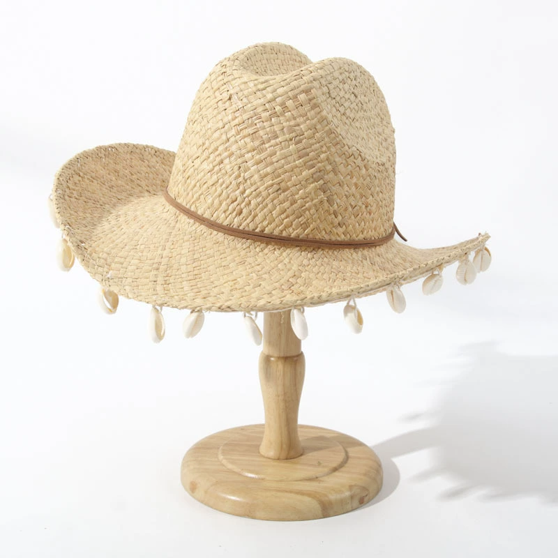 [贝壳装饰沙滩帽夏季海边拉菲草手工编遮阳草帽西式牛仔ridge hat]
