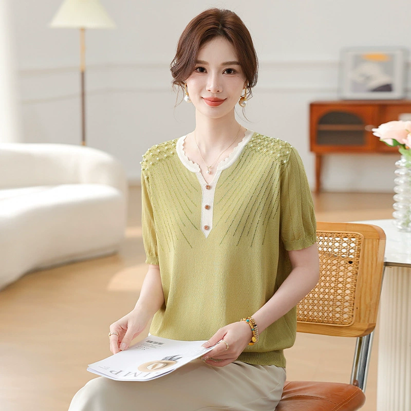 Летняя одежда для мам 2025: новые короткие футболки для женщин среднего и старшего возраста, летние тонкие вязаные модные топы