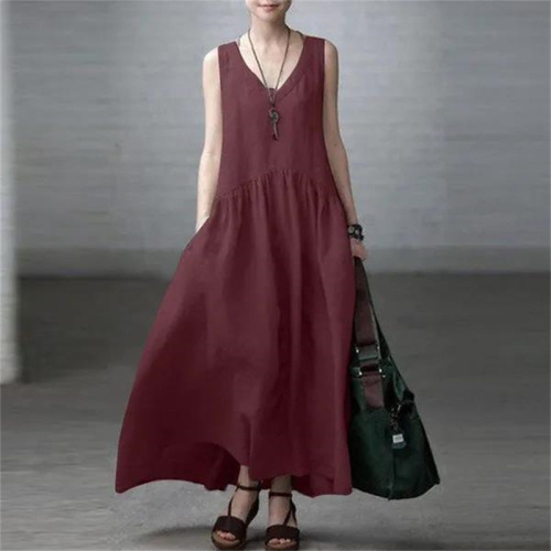Summer Women's Long Dress Loose Pleated Fashion Sleeveless Solid Color Backless Cotton Linen Dress