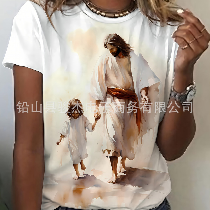Cross-Border 3D Digital Printing Short-Sleeved Women's American-Style T-Shirt Summer Breathable Round-Neck Top Temu Hot-Selling Clothing Wholesale