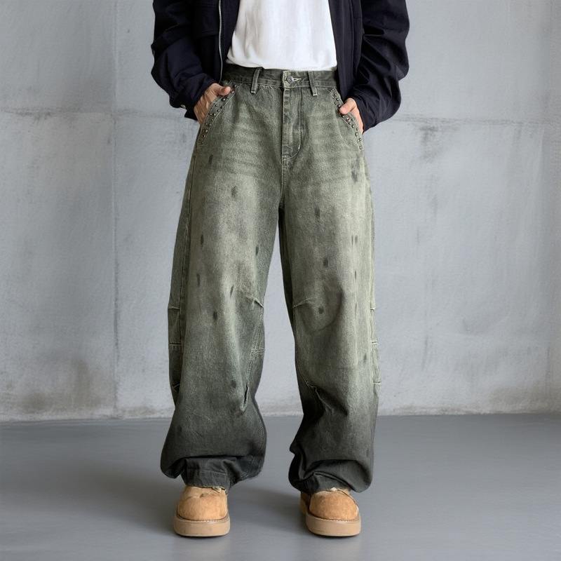 American-Style New Men's Trendy Brand Loose Straight-Leg Vintage Moss Green Washed Jeans with a Unique Cut for Men