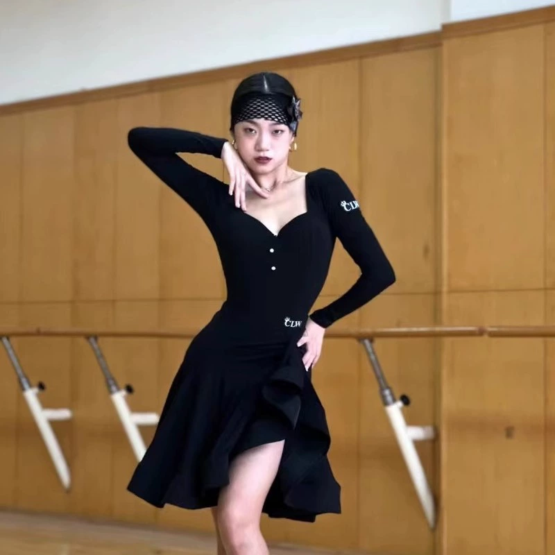 Бренд CLW, одежда для латинских танцев, квадратный воротник, современный топ с длинными рукавами для латинских танцев, юбка с большим подолом, униформа для экзаменов по искусству