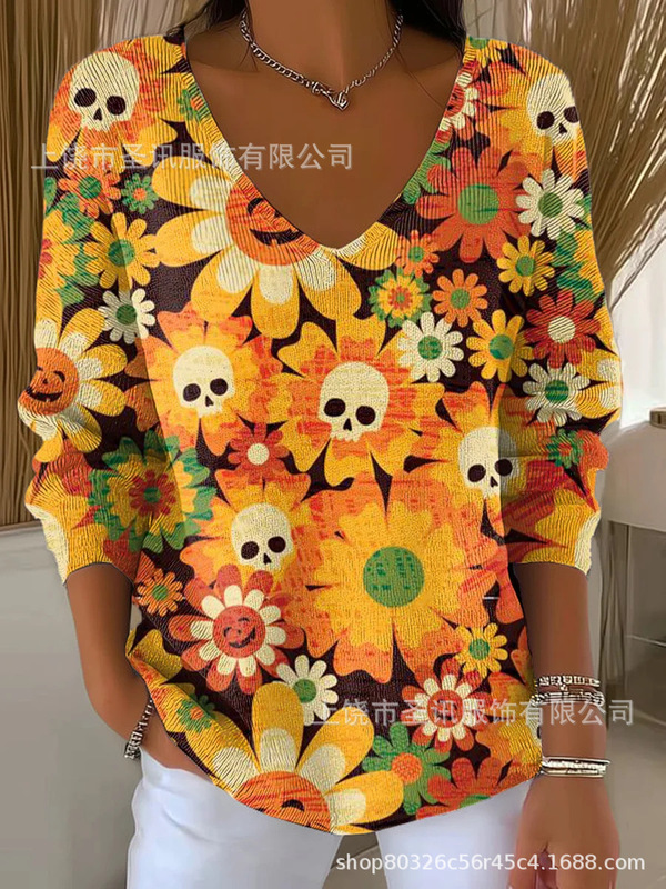 欧美跨境独立站新款3D印花女士时尚渐变色V领长袖T恤上衣|undefined