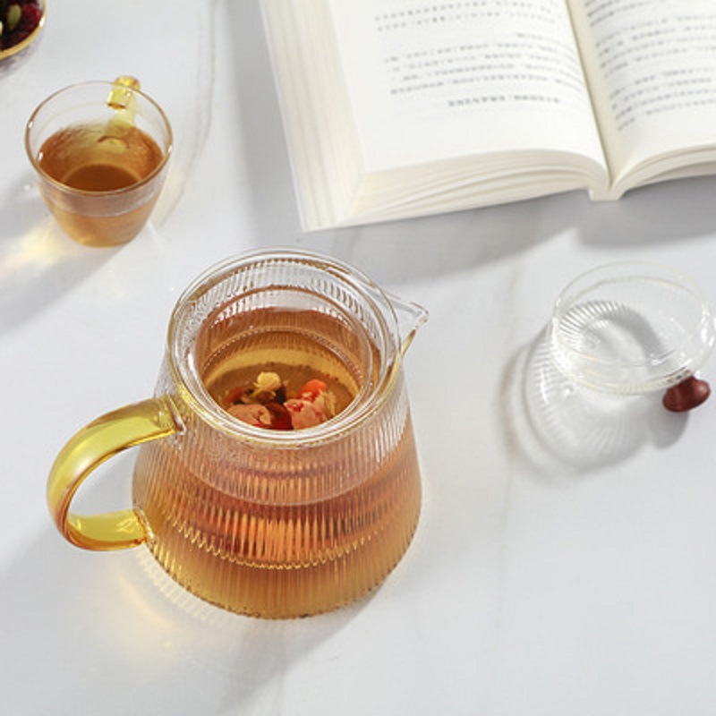 Tetera de vidrio climatizada engrosada patrón vertical tetera de filtro hogar Kung Fu fruta flor tetera juego de té traje