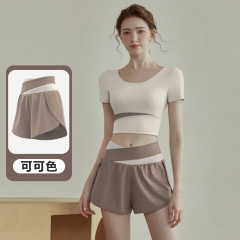 Cross-border direct supply autumn gender-neutral women's running fitness breathable quick-drying side pocket anti-briefing two-piece yoga sports shorts