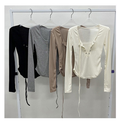 Women's Spring Long-Sleeve T-Shirt with Arcuate Design, Body-Concealing Neckline, 2024 Unconventional Sexy Base Shirt with Ties