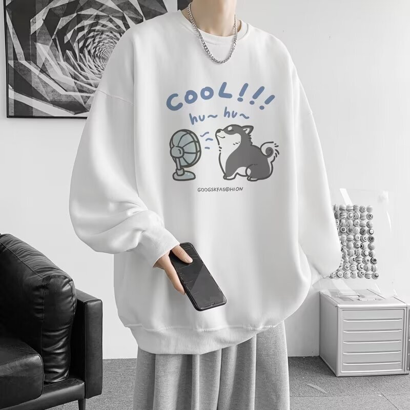 Spring and Autumn Round Neck Sweater Men's Printed Shoulder Base Shirt Loose plus size Coat Trendy Long Sleeve Couple's Coat