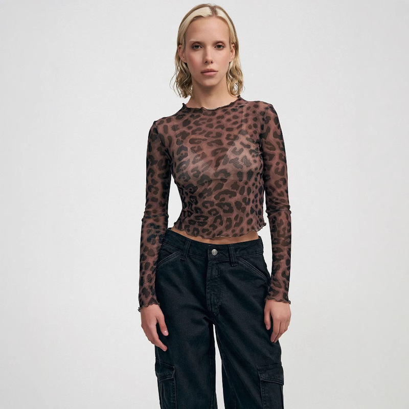 S32280 European and American Cross-border New Product Amazon Women's Sexy Leopard Mesh Printed Tight T-shirt Top Women