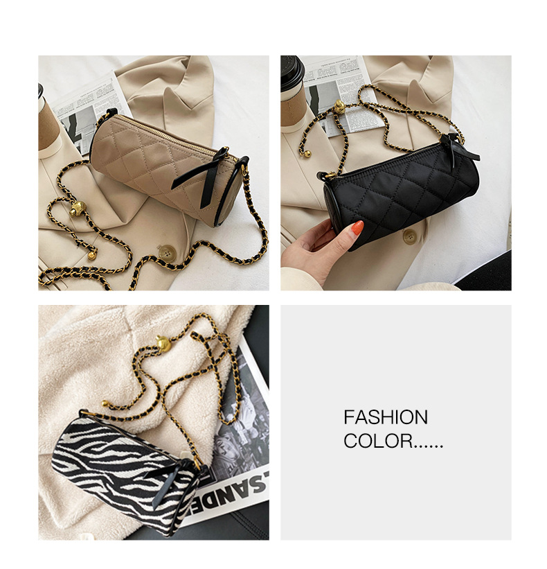 Borsa a tracolla piccola con tracolla singola a catena in tela con stampa zebra cilindrica con perline di trasporto modello 2024 nuovo_voghion.com