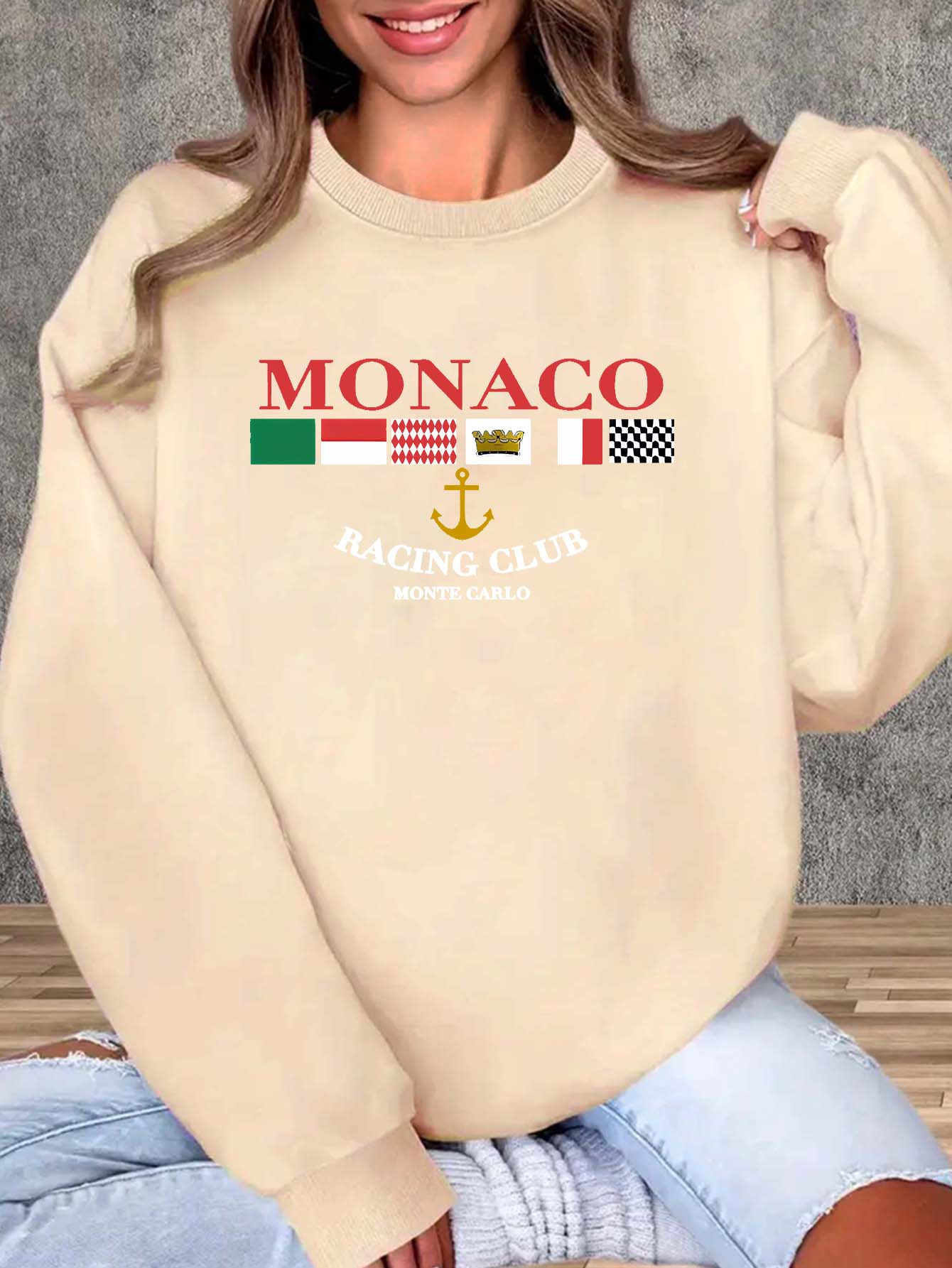 Women’s Monaco Print Casual Crew Neck Sweatshirt Pullover_voghion.com