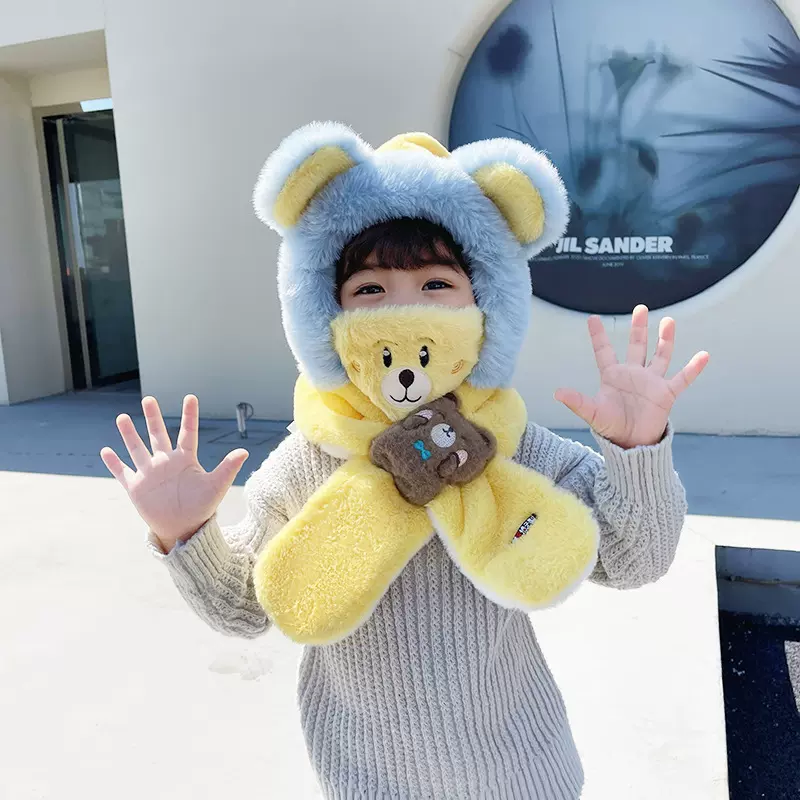 冬季男女童毛绒帽防风防寒儿童帽子围巾一体护耳口罩可拆卸三件套