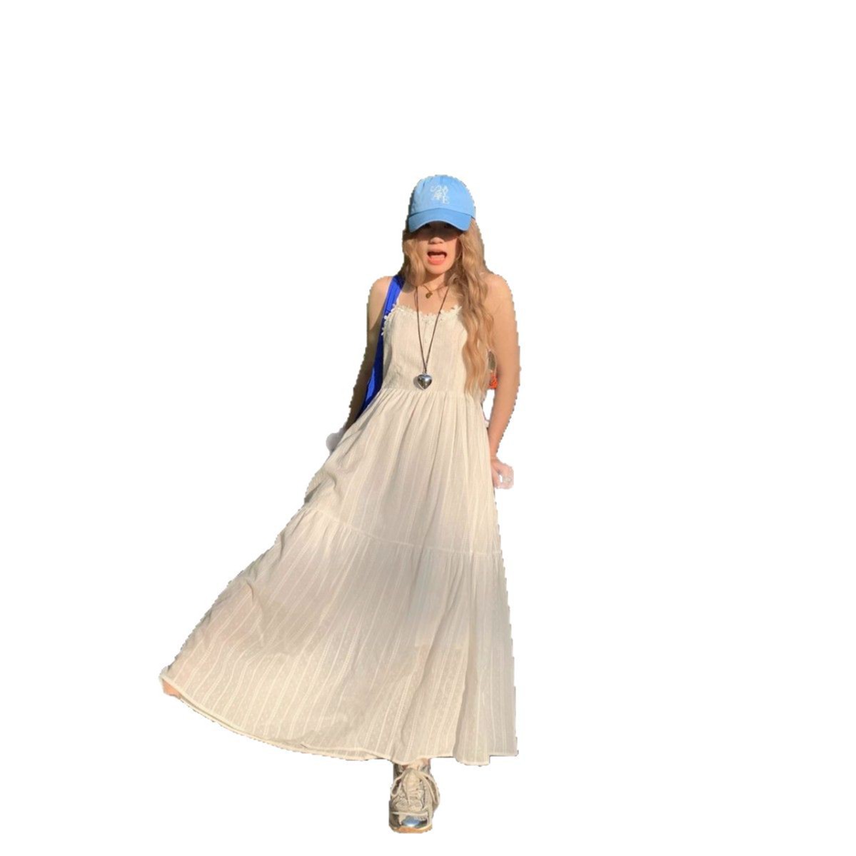 Slight Fat 2025 Summer Floral Stitching White White Sling dress Waist Slimming Sweet Lady Sling Dress