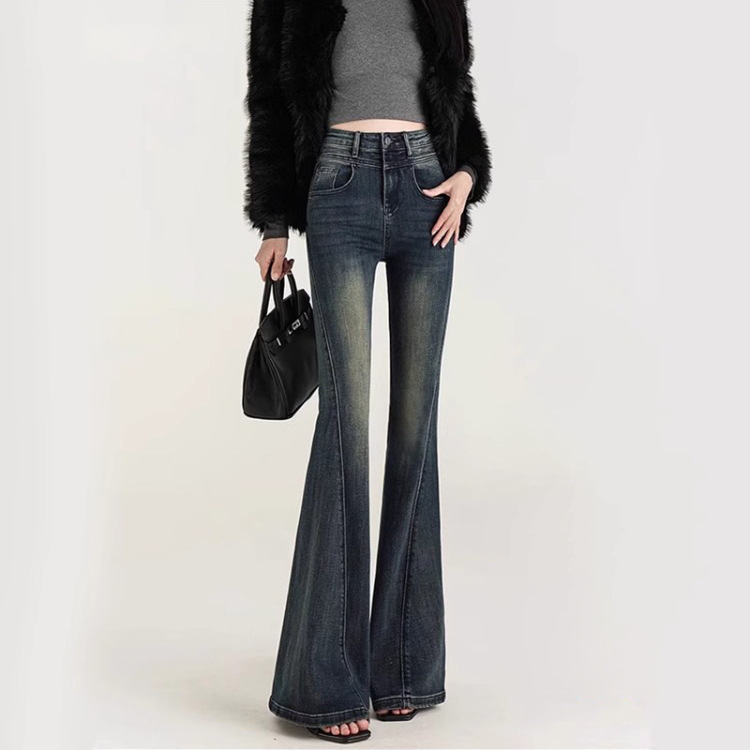 Vintage Blue Design Denim Flared Pants for Women 2025 Spring and Autumn Patchwork Stretchy Bell-Bottom Slimming Versatile Wide-Leg