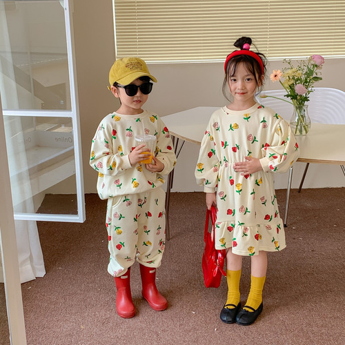Children's suits 2024 spring Korean style long-sleeved trousers for boys and girls two-piece set children's flower fishtail dress brother and sister outfit