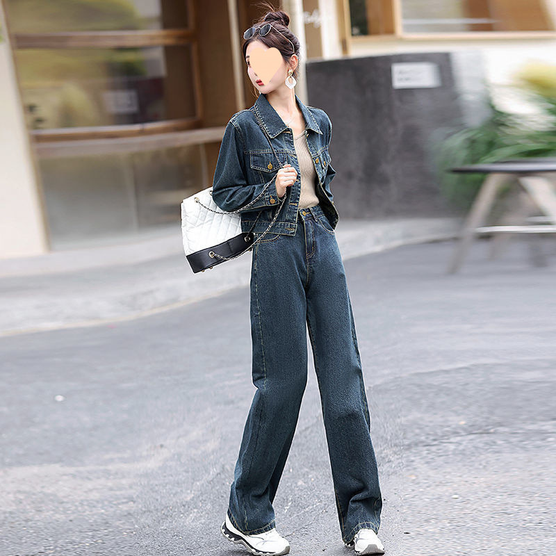 牛仔裤套装女2025年春秋季新款时尚洋气气质阔腿长裤短外套两件套|undefined