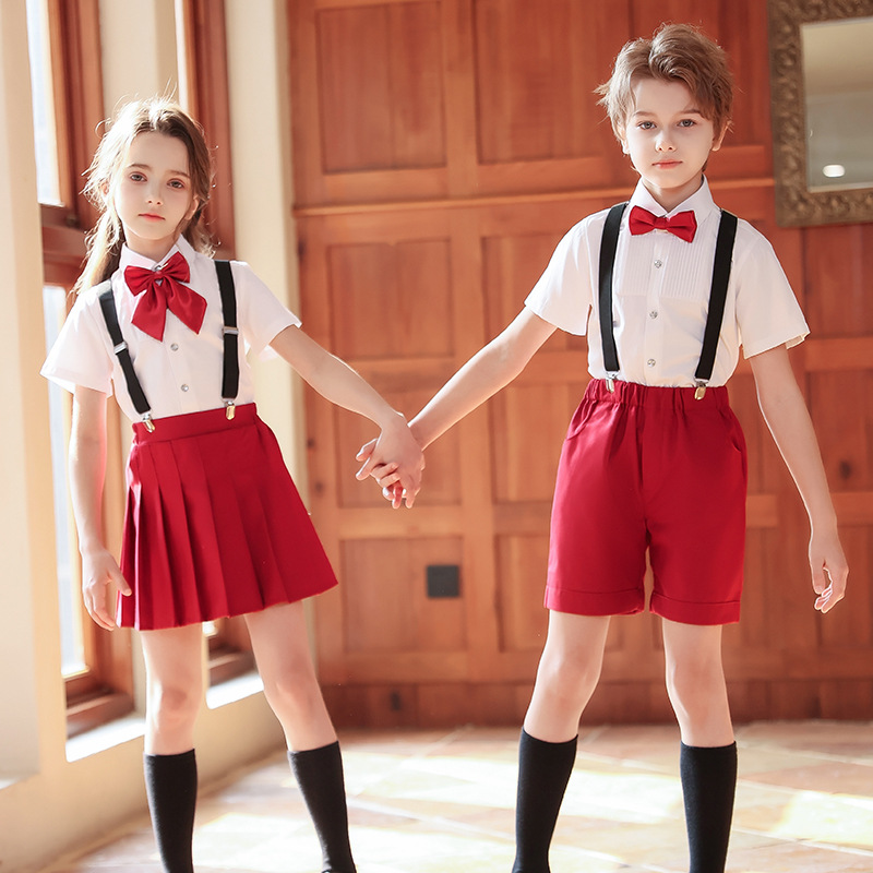 Traje de actuación de coro para niños Traje de actuación del día del niño para estudiantes de primaria y secundaria Traje de correa de jardín de infantes Vestido de niña rojo