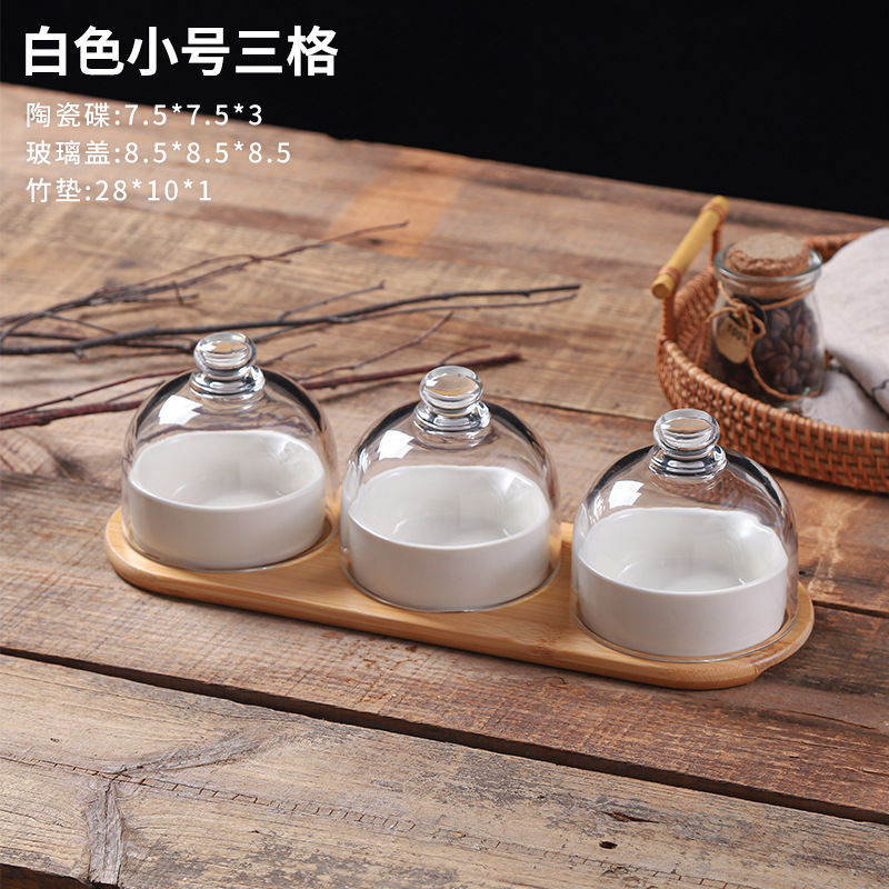 Plato de bocadillos de cerámica creativo con cubierta de vidrio, té de la tarde, postre, tazón de horneado, plato de refrigerio casero, plato de fruta seca