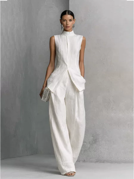 2026 European and American Amazon Cross-Border Independent Site Drapey Casual Shirt Solid Color Fashionable Sleeveless Long Pants Set