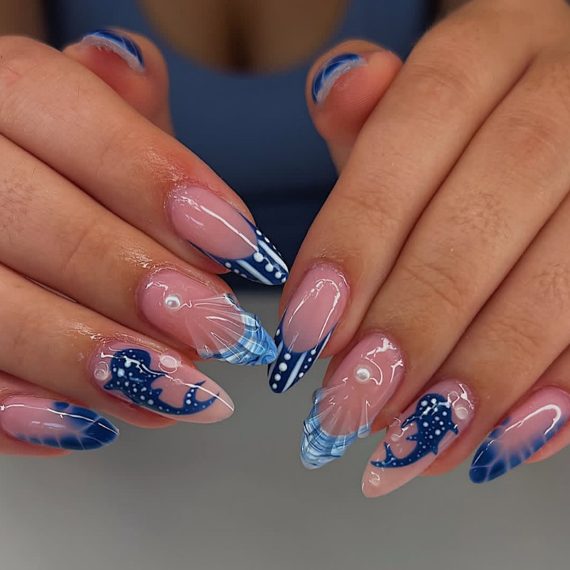 Cross-Border Blue Whale Wave Almond-Shaped Wearable Nails Summer Beach 3D Gel French Fake Nails 24 Pieces Wholesale