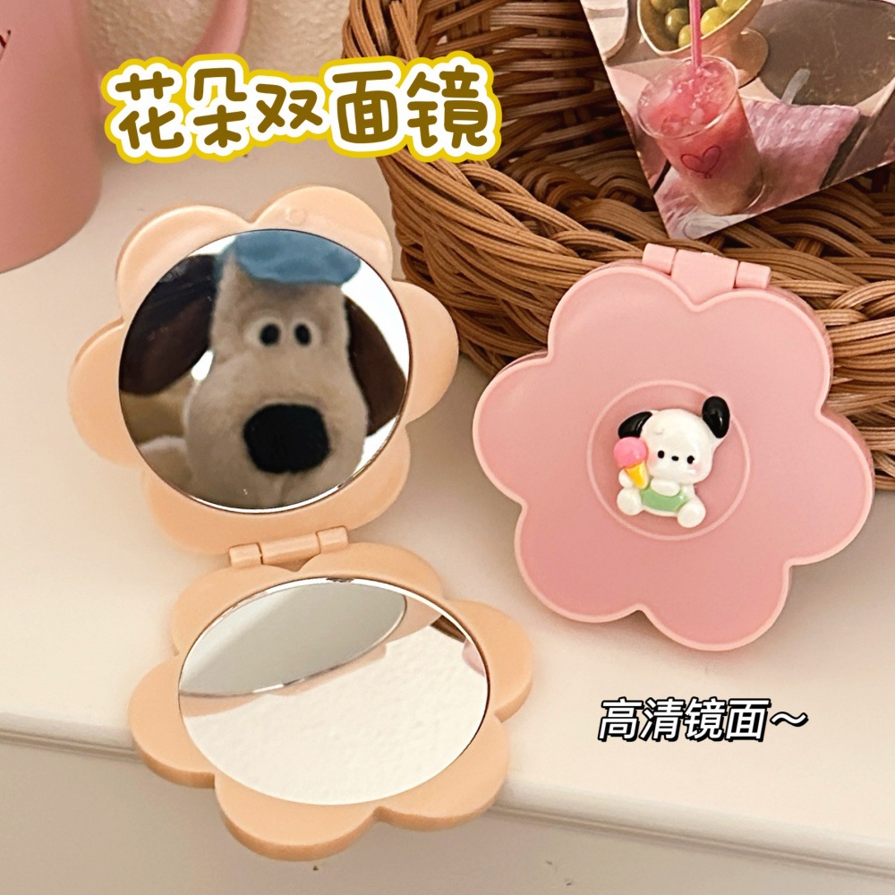 Caricatura encantadora flor de dibujos animados pequeño espejo conveniente portátil espejo plegable de dos caras espejo de maquillaje HD al por mayor