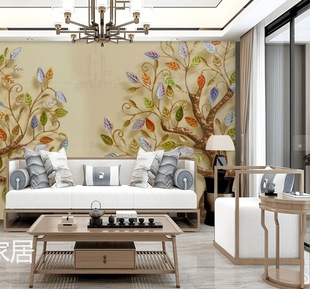 Three-dimensional relief fortune tree living room sofa TV background wall wallpaper light luxury classical tea room bedside decorative mural
