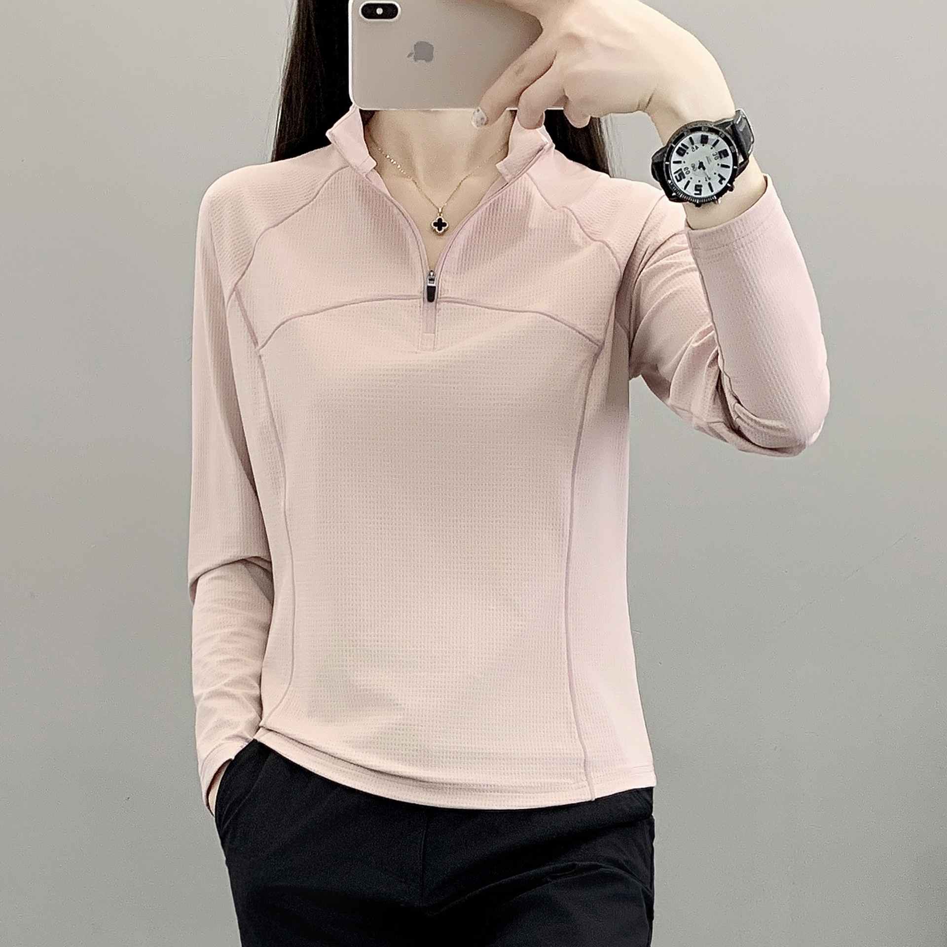 Outdoor Quick-Drying T-Shirt for Women in Spring, Summer and Autumn, Running and Fitness Elastic Breathable Stand-Up Collar Sports Skin-Friendly Quick-Drying Long-Sleeved Top