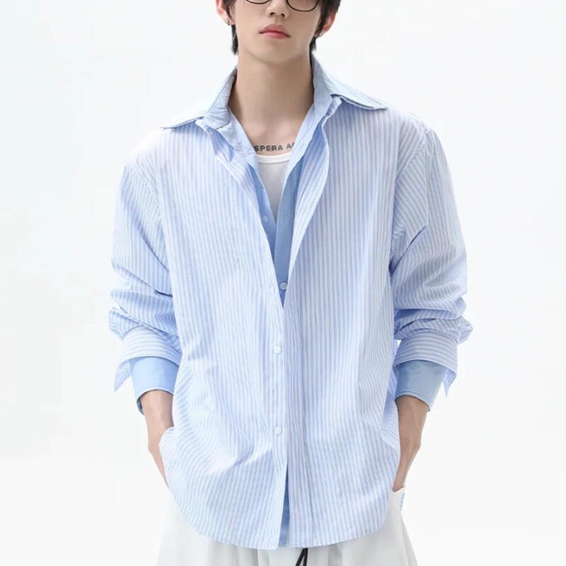 2025 Autumn and Winter New Trendy Brand Versatile Fake Two-Piece Stripesd Long-Sleeved Shirt Hong Kong Style High-End Shirt Casual Men's Top