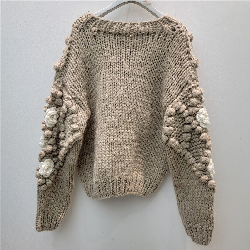 Aguja de barra pesada línea gruesa hecha a mano marca flor estereoscópica flor bola de punto cardigans abrigo suéter grueso image 2