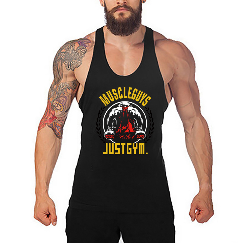 Gym loose vest waistcoat sleeveless T-shirt muscle men's cotton training Sports Iron shirt wide shoulder crossbody