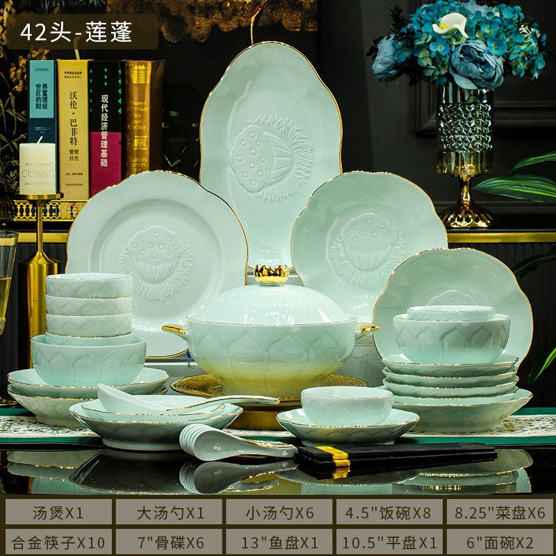Jingdezhen alta porcelana blanca sombra azul en relieve set de platos set de platos de cerámica set de platos regalos de reubicación al por mayor