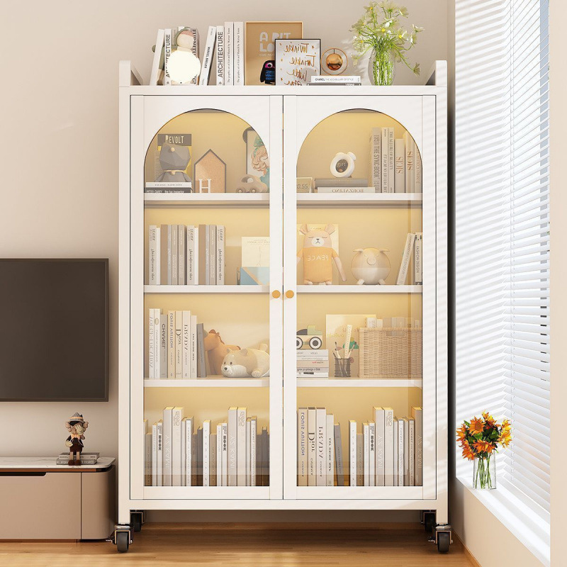 Movable Low Bookcase with Cabinet Door Glass Door Retro Bookshelf Floor-Standing Storage Rack Children's Dust-Proof Steel Storage Cabinet