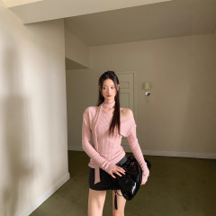 韩系纯欲风粉色斜露肩飘带长袖T恤女早秋甜美减龄显瘦打底衫上衣