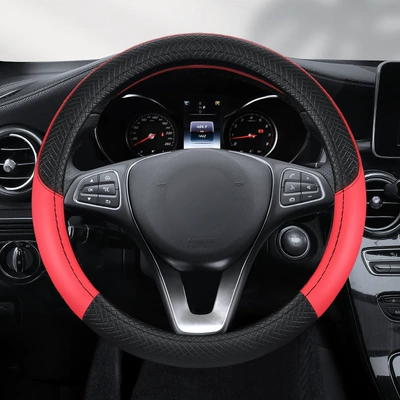 Amazon's Popular Double-Line Anti-Slip Breathable Sweat-Absorbent Steering Wheel Cover for All Seasons Leather Embossed Environmentally Friendly Car Handlebar Cover (Steering wheel cover) - embossed-black-and-red-cross-border-high-quality-round-38cm
