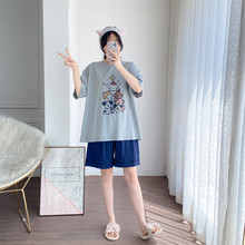 短袖睡衣女夏透气纯棉可爱动物印花家居服大码胖mm200斤格子套装