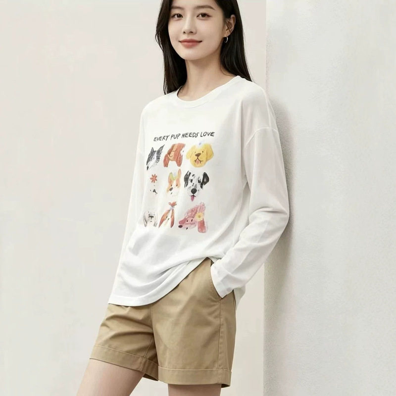 Yi** Mall's Same Style 2026 Early Autumn New Fashion Casual Loose Versatile Dog Print Round Neck Long Sleeve T-Shirt Yi** Mall's Same Style 2026 Early Autumn New Fashion Casual Loose Versatile Dog Print Round Neck Long Sleeve T-Shirt