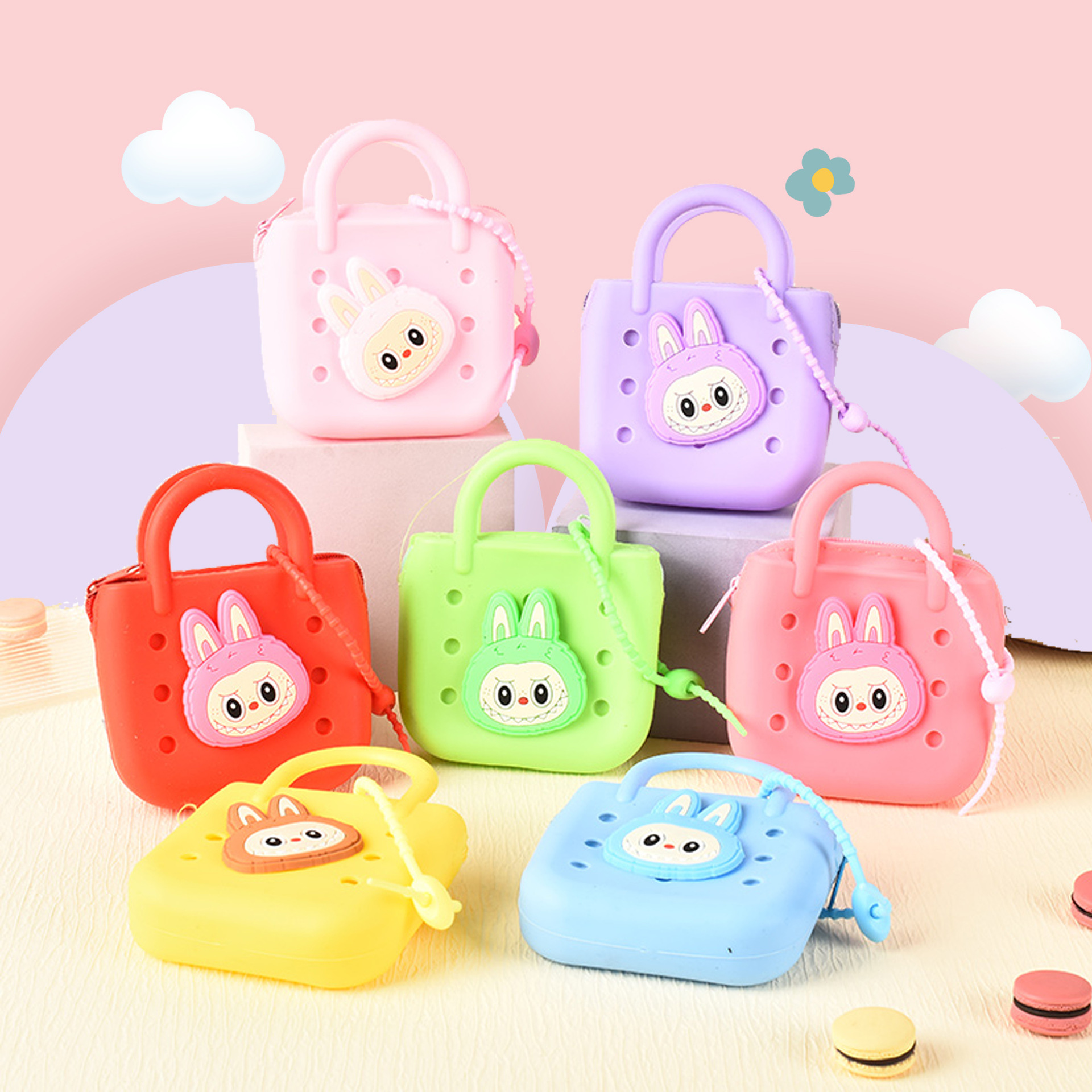 现货拉布布硅胶零钱包迷你手提拉链包包挂脖百搭可爱收纳化妆包