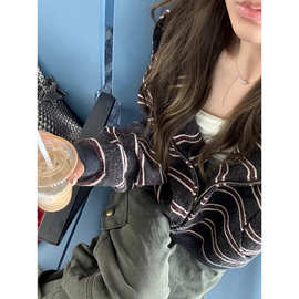 美式复古条纹连帽运动衫拉链毛衣外套女秋冬设计感小众针织开衫上