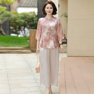 中年妈妈装时尚国风小衫两件套2026新款洋气中老年女装七分袖套装