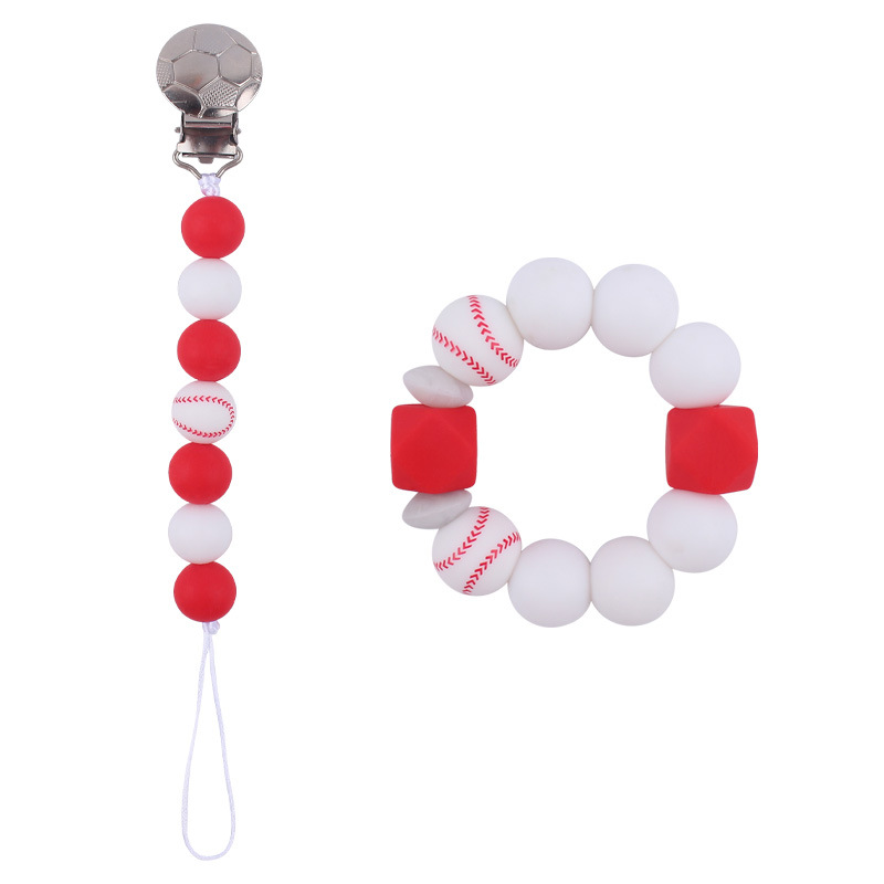 Bebé DIY creativo fútbol patrón chupete clip de dibujos animados fútbol cuentas de silicona chupete cadena mordedor traje de dos piezas conjunto