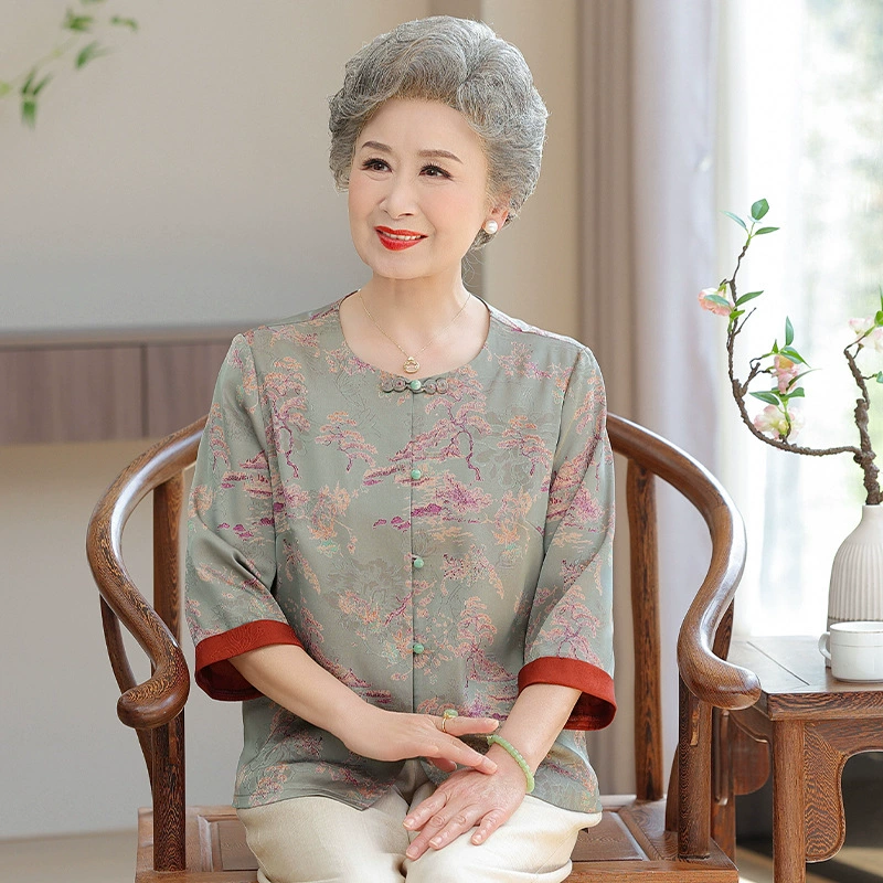 Пожилые люди рубашки бабушки летний топ новый китайский стиль мама летняя тонкая рубашка старушка одежда